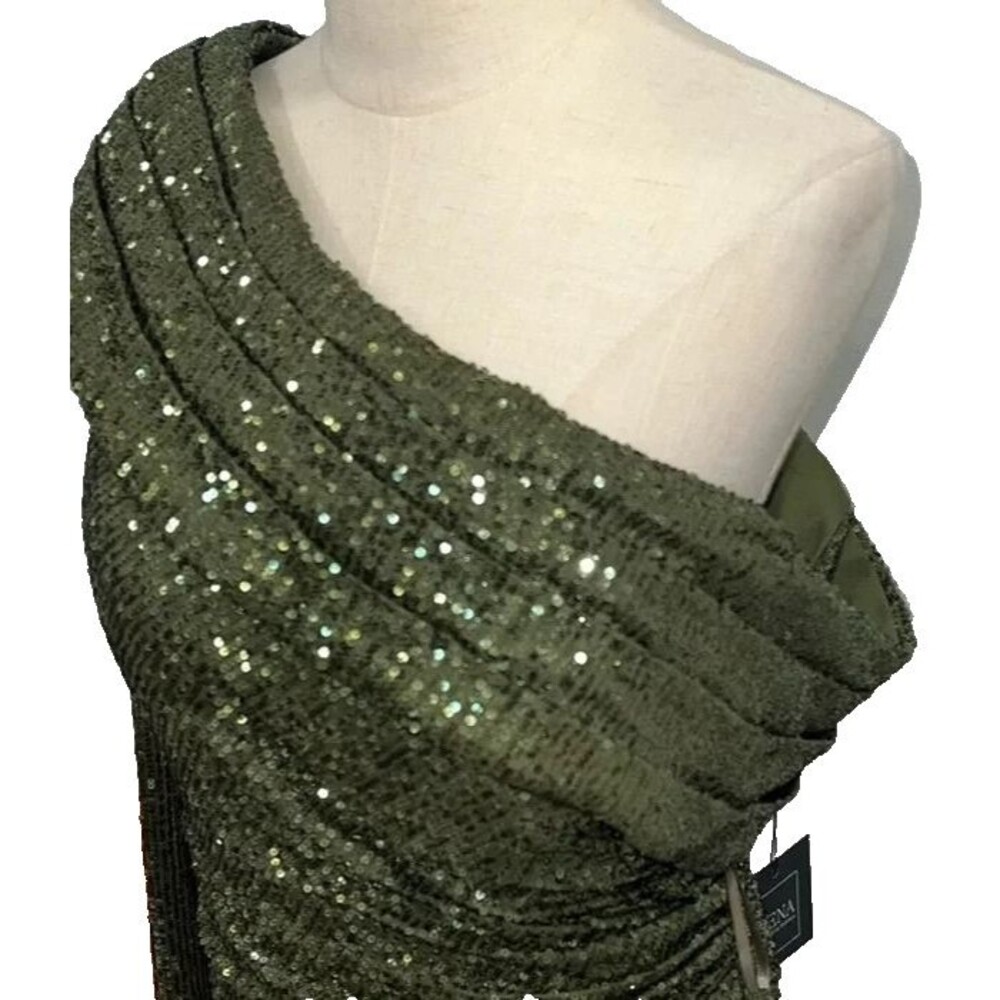MAC DUGGAL 26571 One Shoulder Long Sleeve Thigh High Slit Sequin Gown 12 OLIVE - Picture 6 of 11